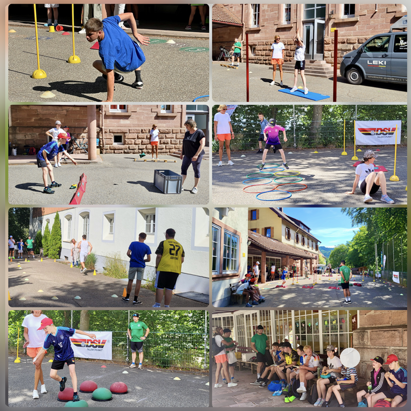 Das Bild ist eine Fotocollage. Zu sehen sind die unterschiedlichen Sportstationen auf dem Schulhof und die Schüler, wie sie diese absolvieren.
